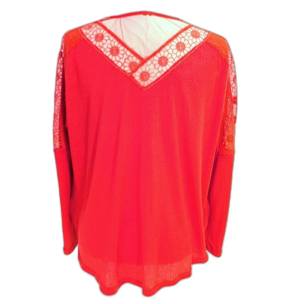 Free People | Oversized Lola Lace Long Sleeve Top in Rose Crimson | Size XS